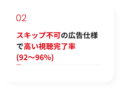 スキップ不可の広告仕様で高い視聴完了率(92~96%)