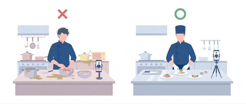 衛生面の映り込みや景品表示法に配慮する