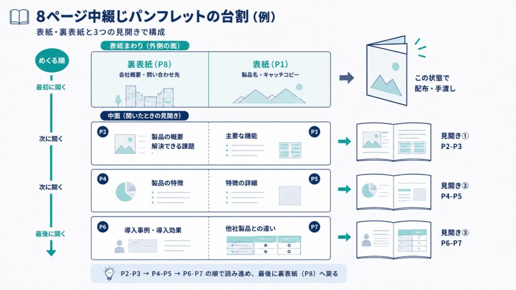 8ページ中綴じパンフレットの台割例の図