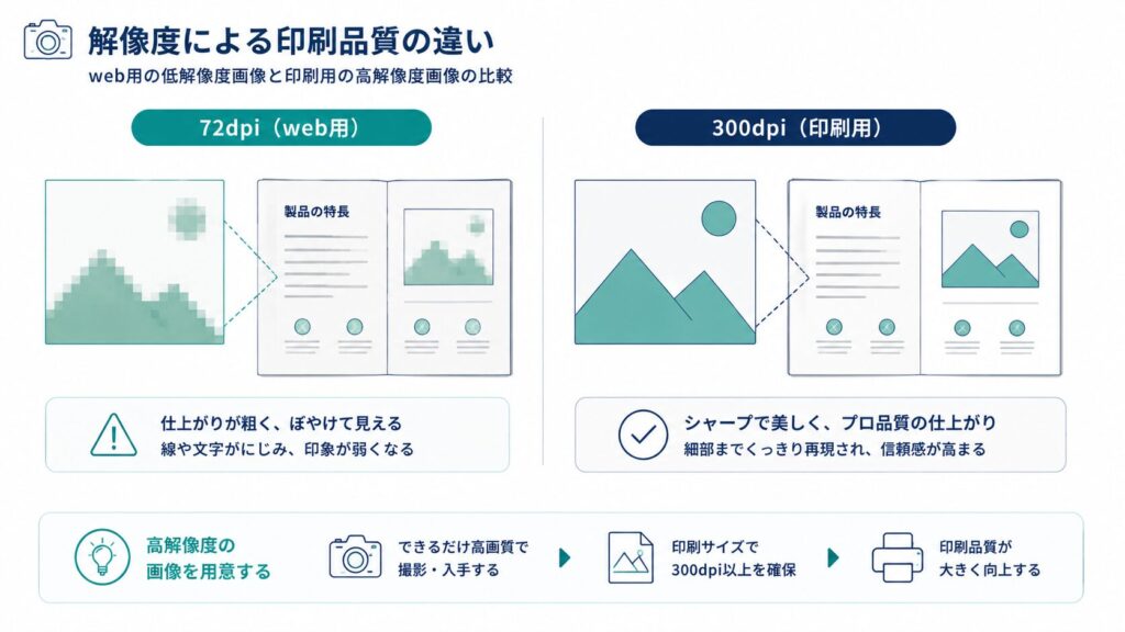 解像度による印刷品質の違いの図