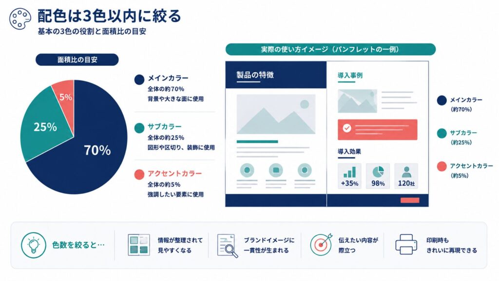 パンフレットの配色を面積比で示した図と適用例