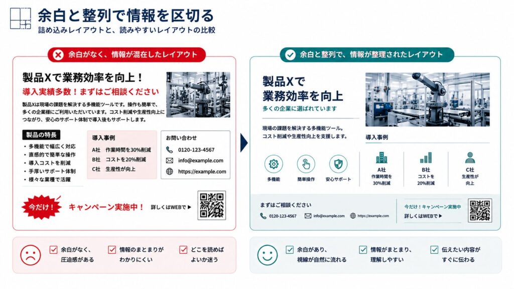 情報を詰め込んだパンフレット紙面と、余白と整列を意識した紙面のBefore/After比較